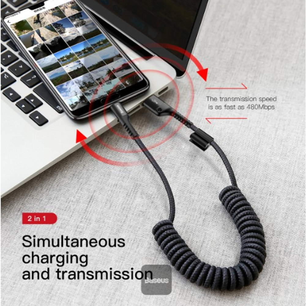 Black coiled USB-A to Type-C cable with connectors plugged in side by side