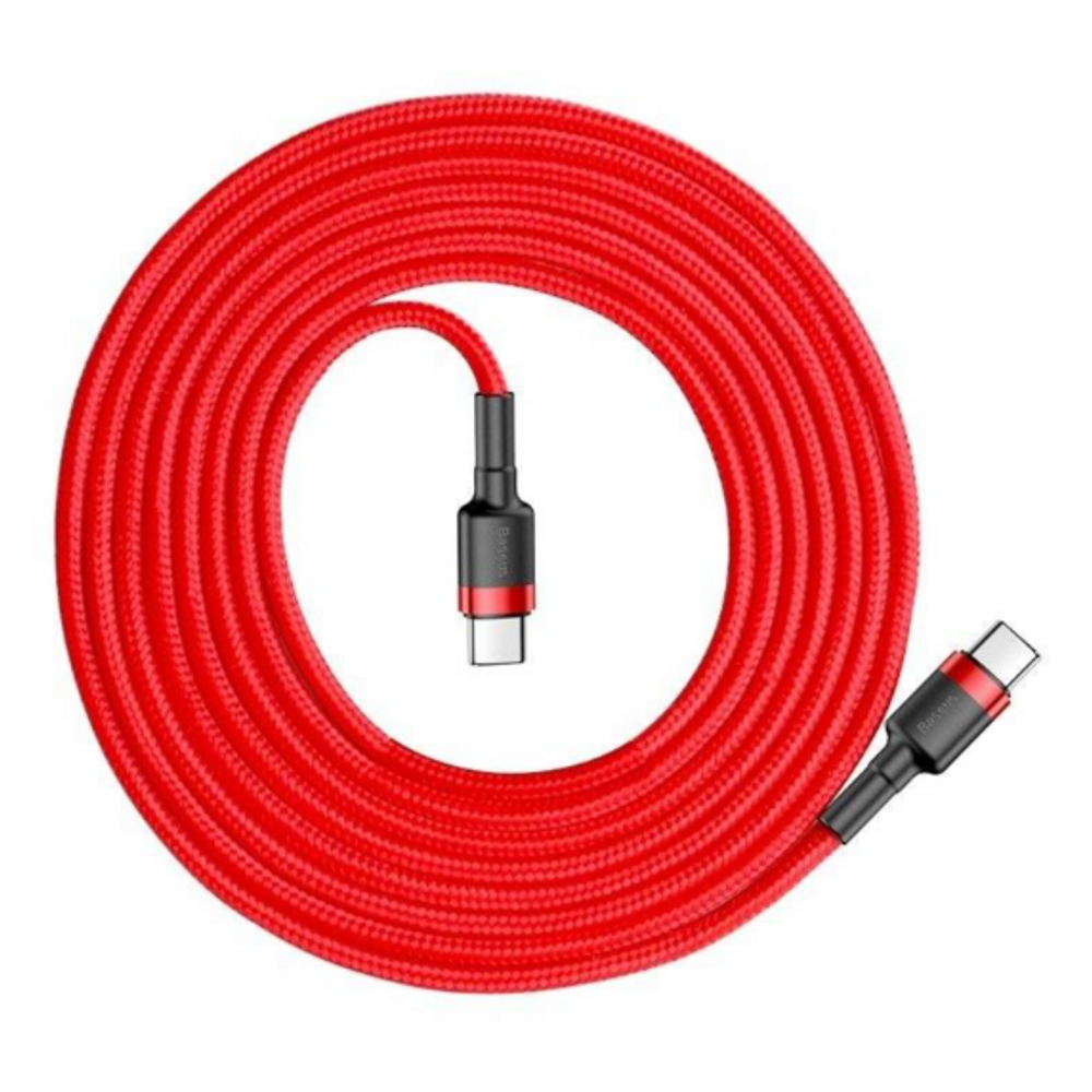 Red braided charging cable with two USB-C connectors, coiled for storage