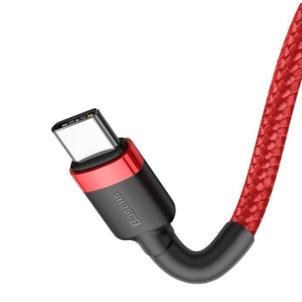 USB-C charging connector with exposed contacts on black housing and red braided cable