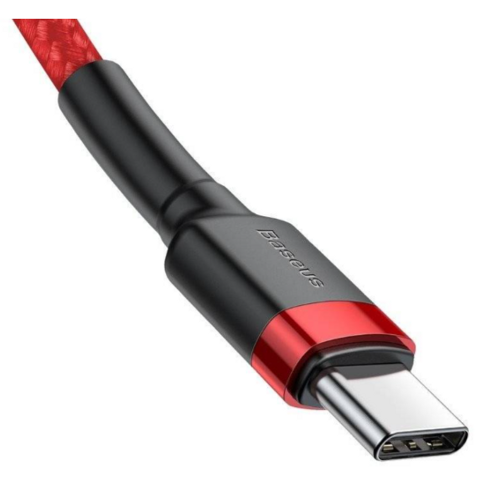 Black Type-C connector with red accent on red braided charging cable, metal pins visible