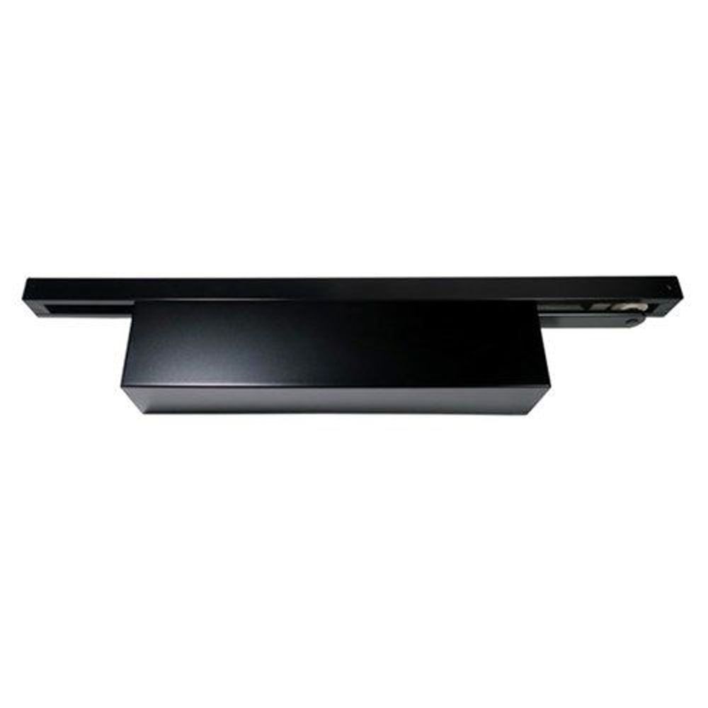 Surface mounted track closer in black metal housing with slim top bar