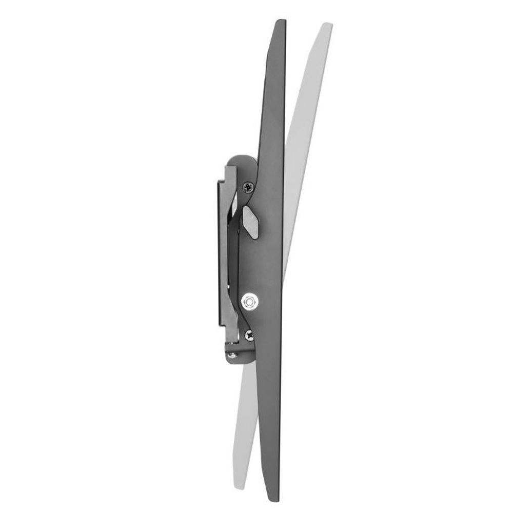 TV wall bracket angled side view, dark metal bracket with hardware and screws