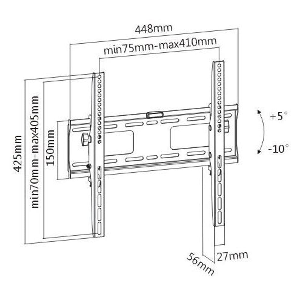 TV wall bracket dimension diagram, fit ranges for screen size and tilt angles