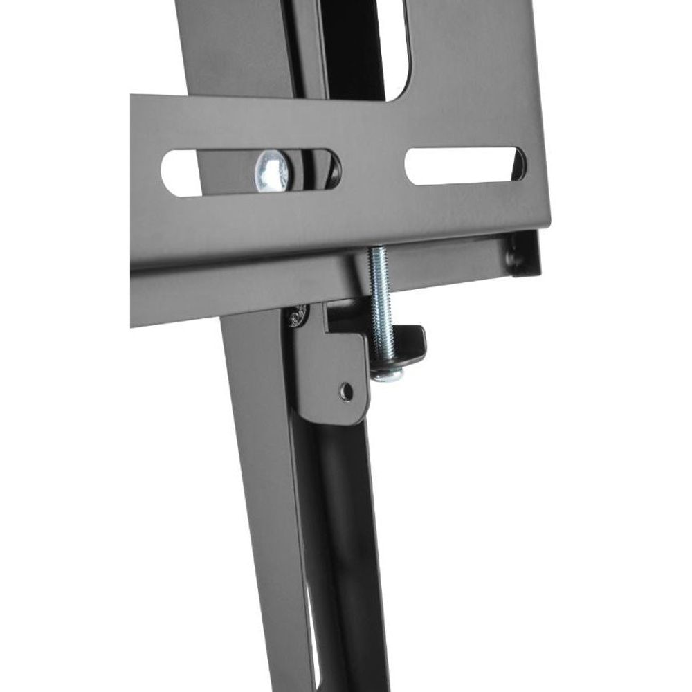 TV wall bracket close-up, adjustment slot bar with bolt and fastener hardware