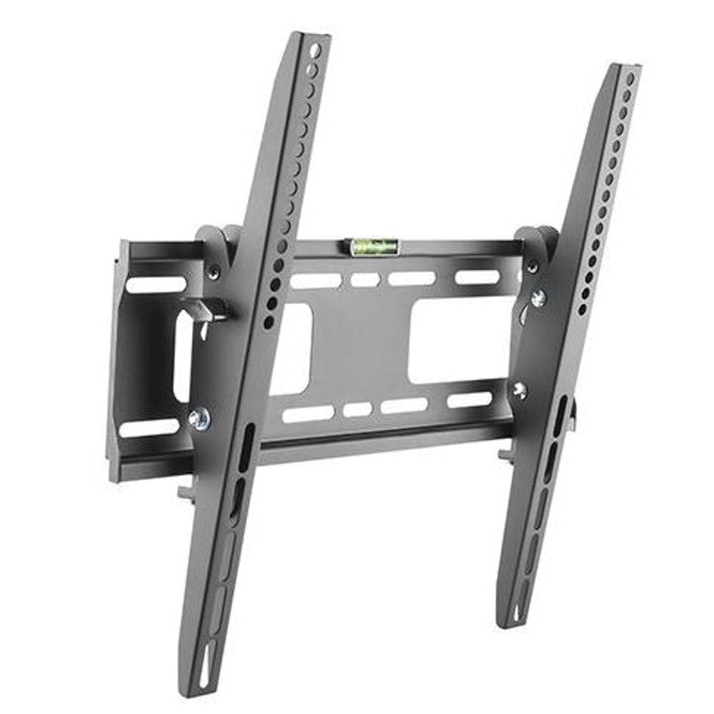 TV wall bracket front view, dark metal rails and VESA mounting holes