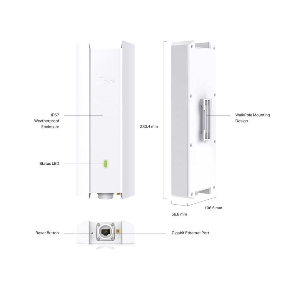 White outdoor Wi‑Fi access point showing Ethernet port, reset button, and mounting