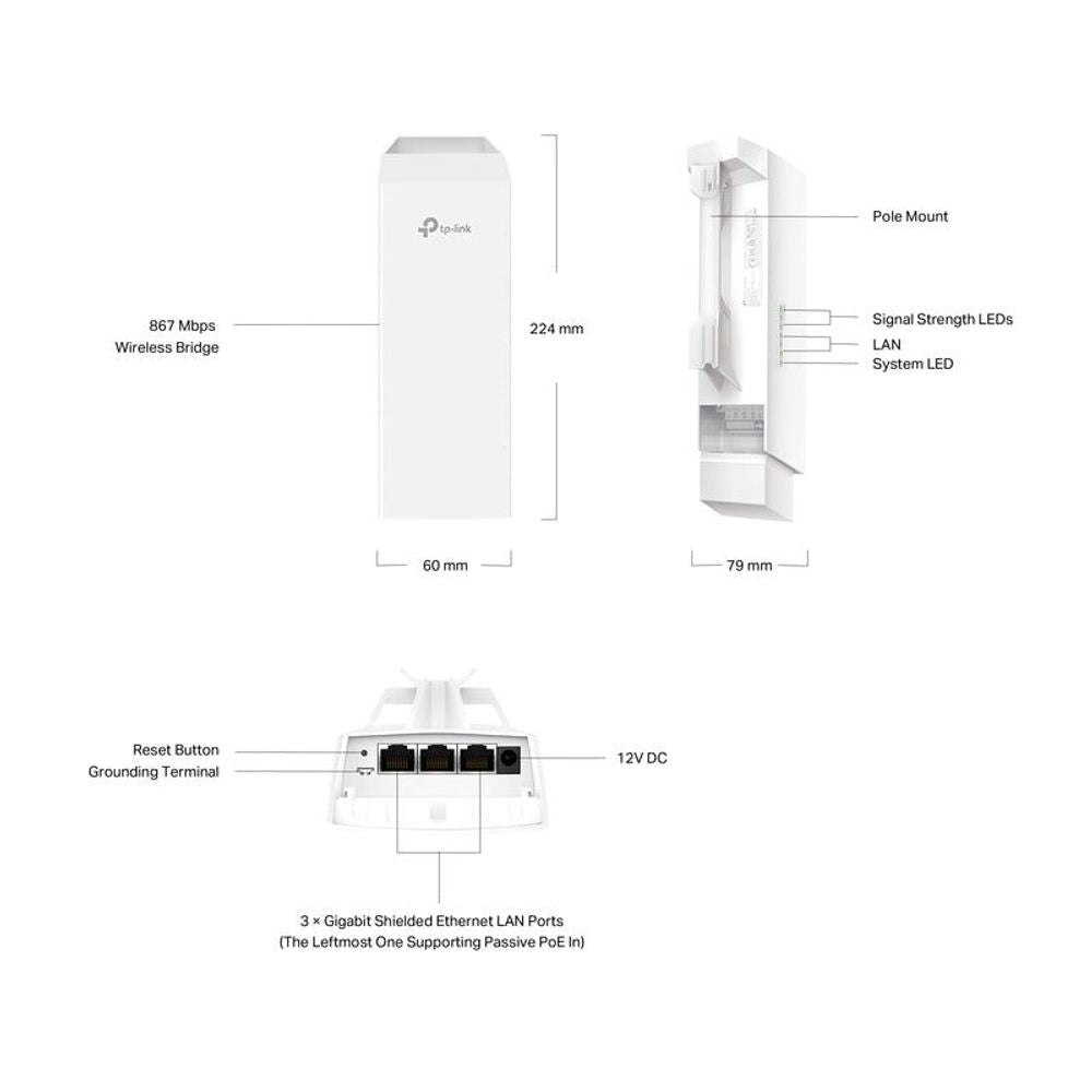 TP-Link EAP211 bridge kit diagram showing LEDs, LAN ports, and 12V DC