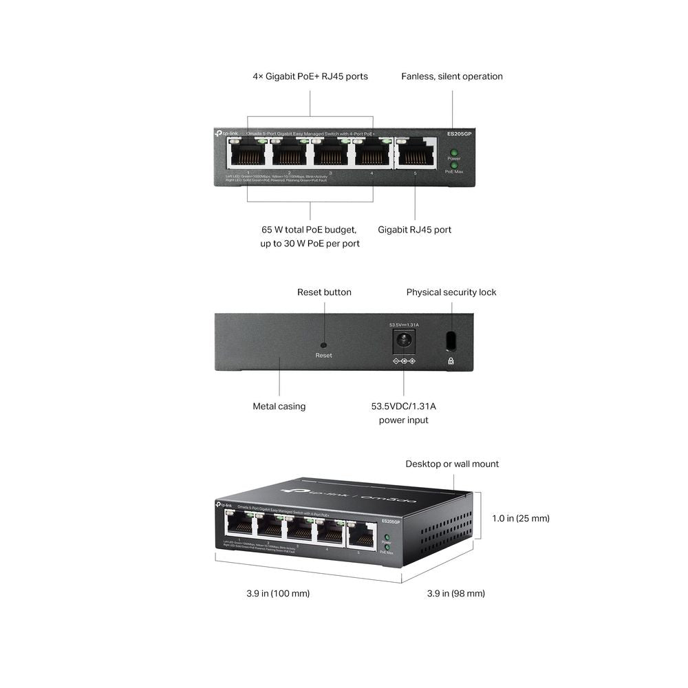 TP Link ES205GP Omada 5-Port Gigabit Easy Managed Switch with 4-Port PoE+