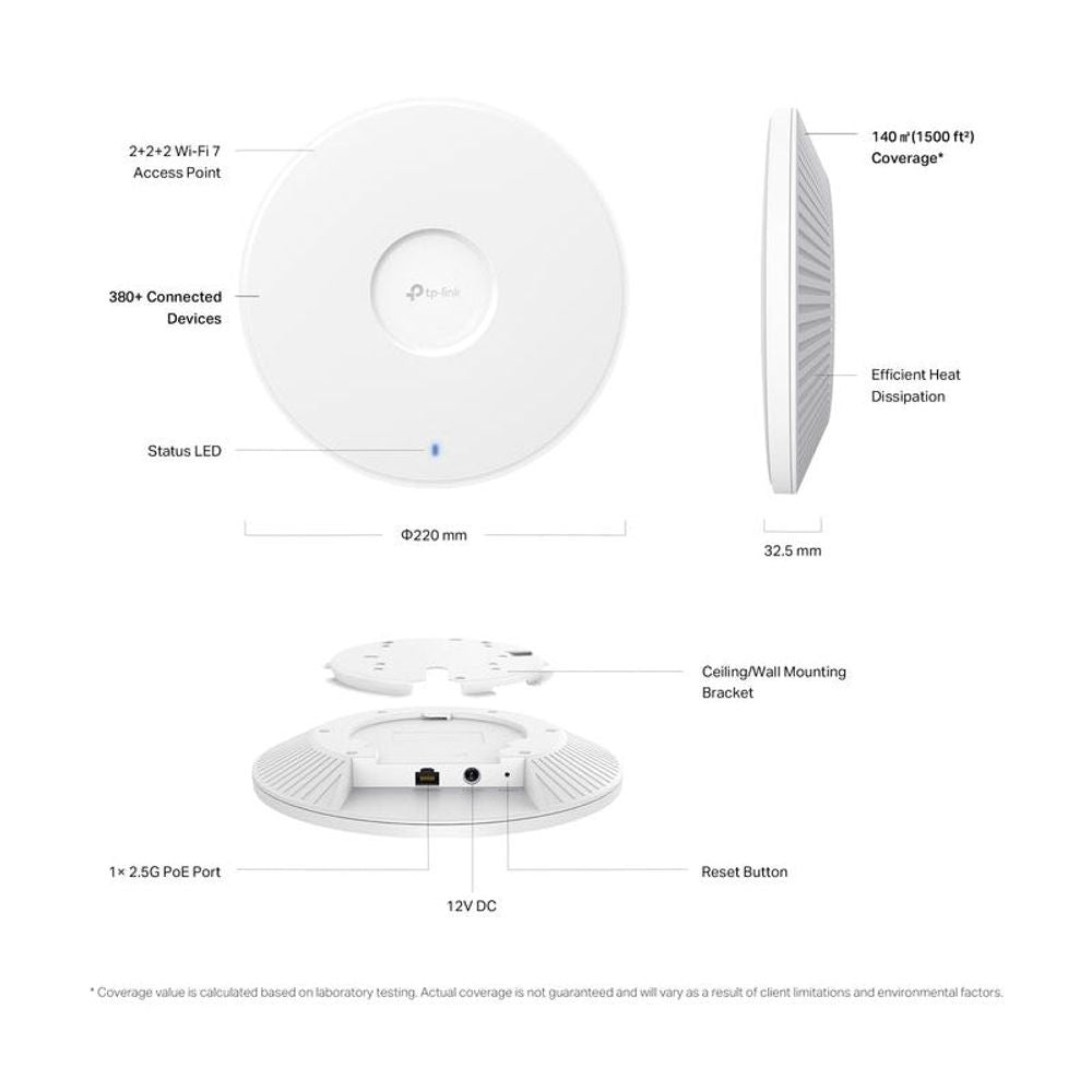 Ceiling-mount Wi-Fi access point diagram showing ports, reset button, and mounting bracket