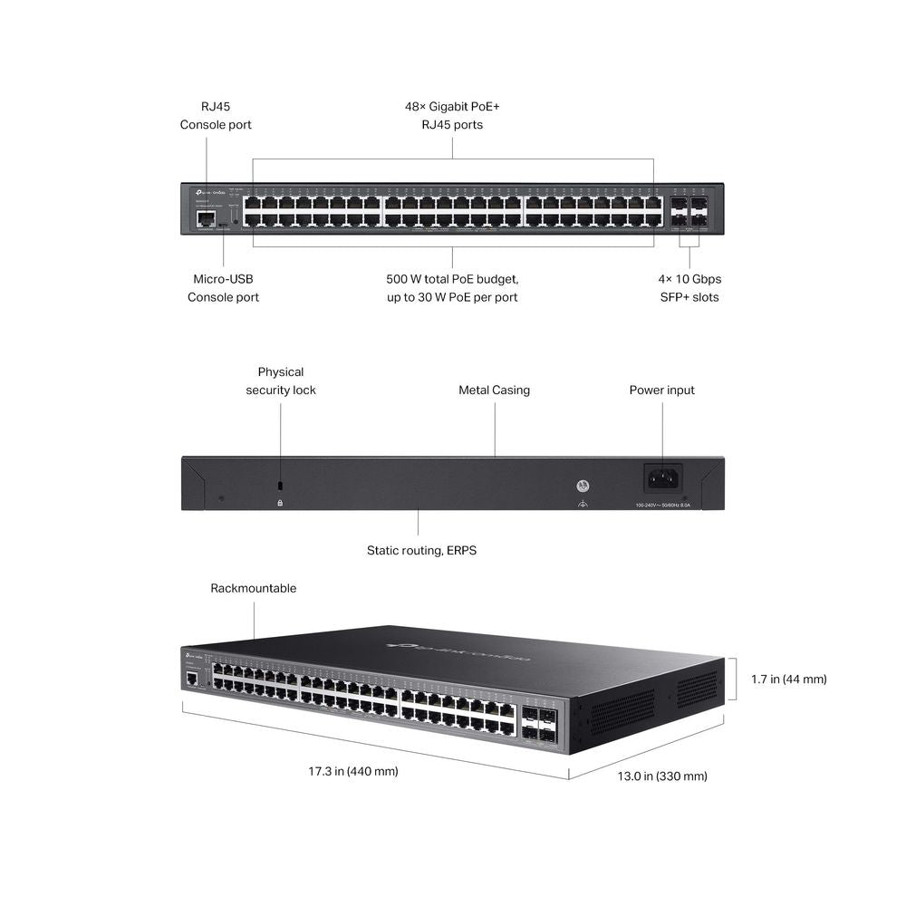 TP LINK JetStream 48-Port Gigabit and 4-Port 10GE SFP+ L2+ Managed Switch with 48-Port PoE+