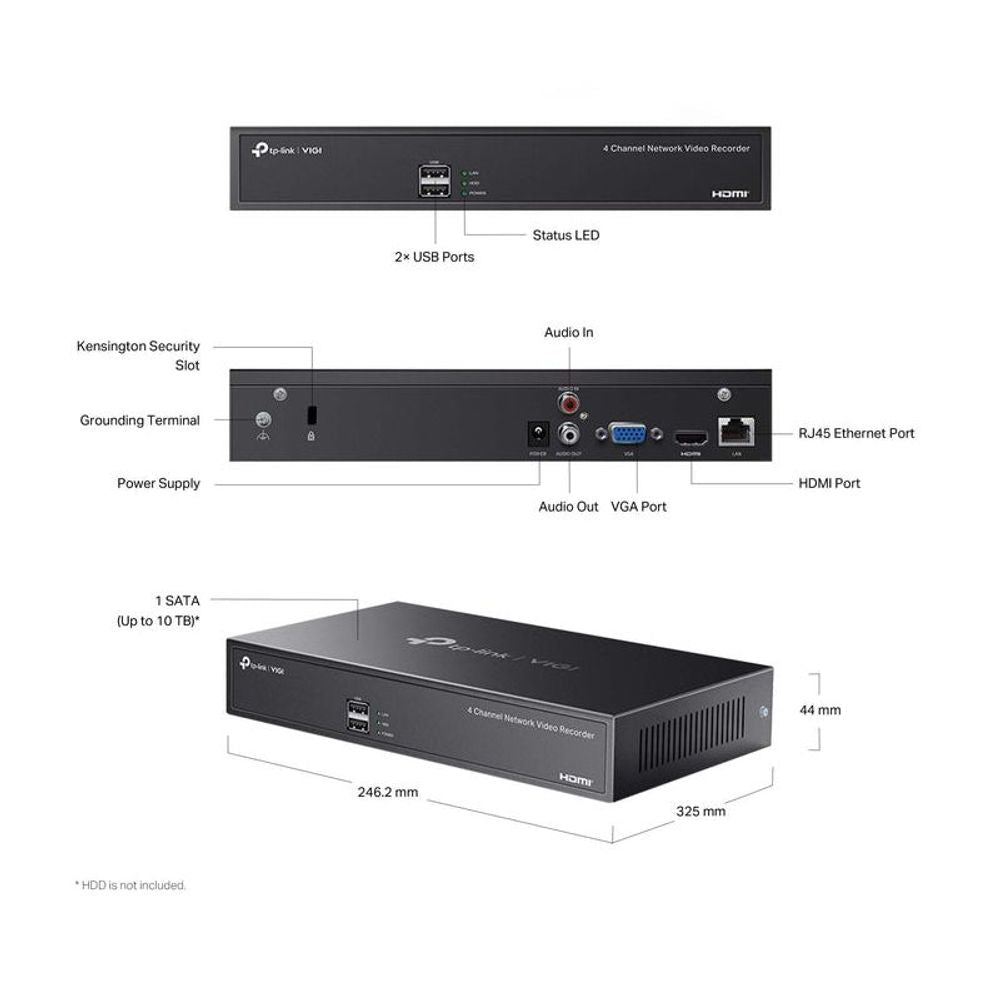 TP-Link VIGI 4-channel NVR diagram showing ports and size dimensions
