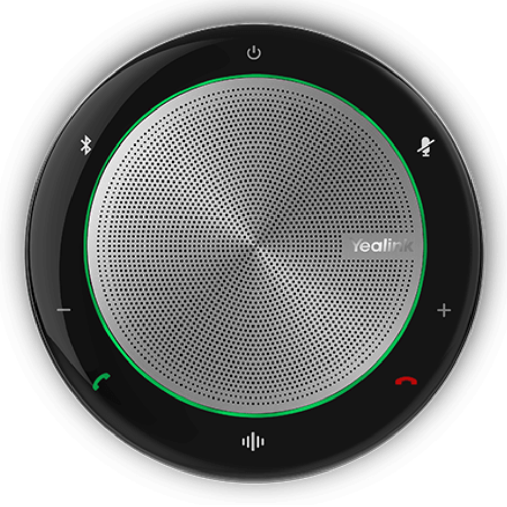 Yealink flexible speaker with perforated grille, green ring, and touch controls.