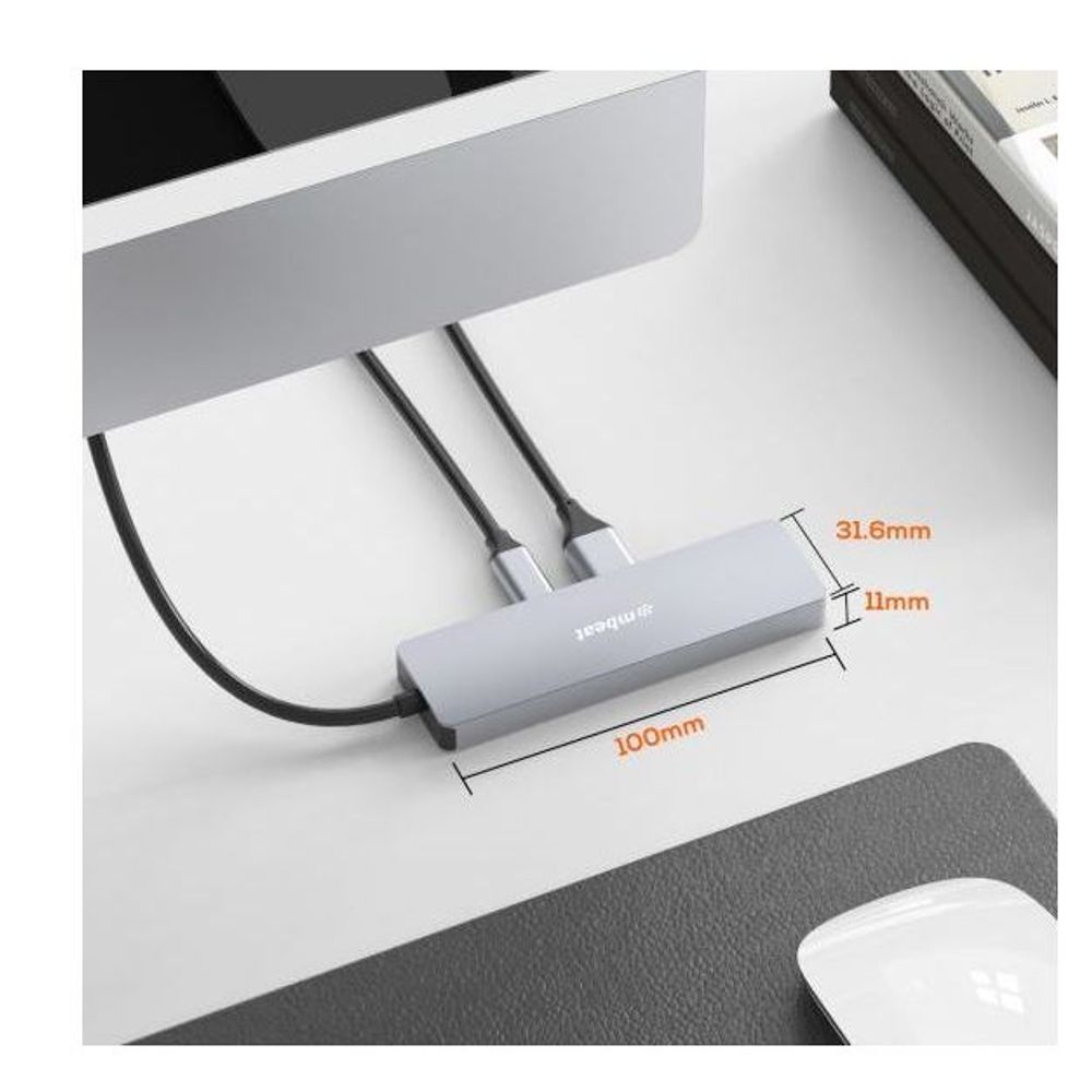 Grey USB-C hub with measurement labels: 100mm x 31.6mm x 11mm