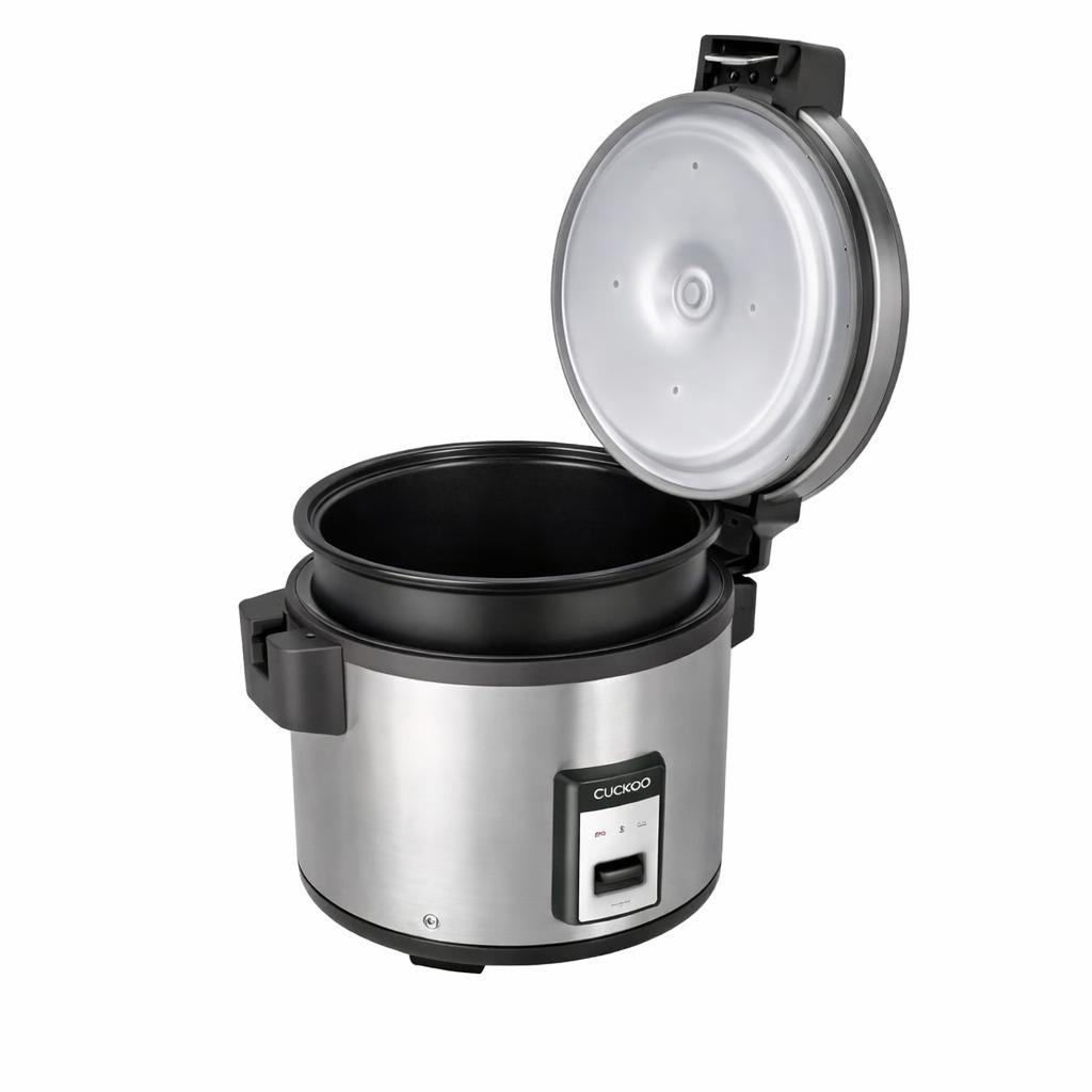 Commercial rice cooker with open lid and inner pot cover