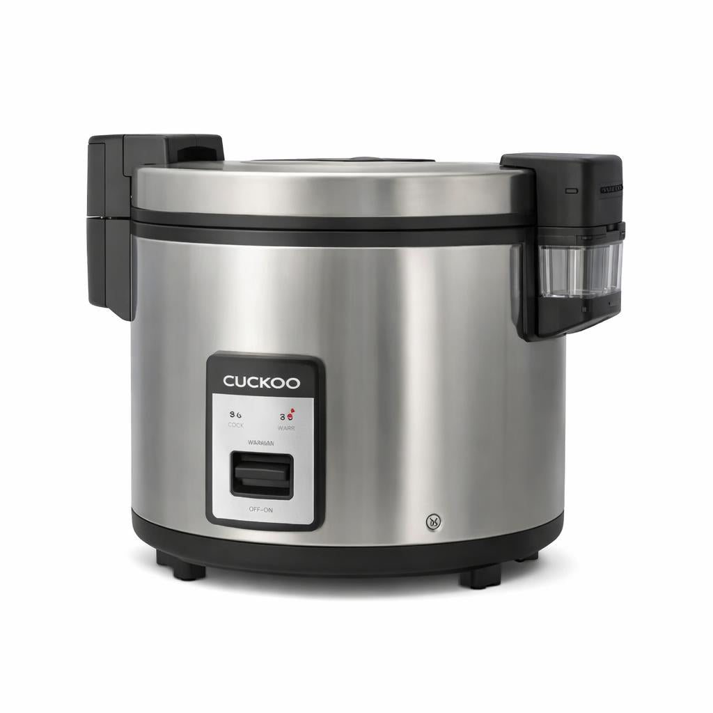 Stainless steel commercial rice cooker with closed lid and front display panel