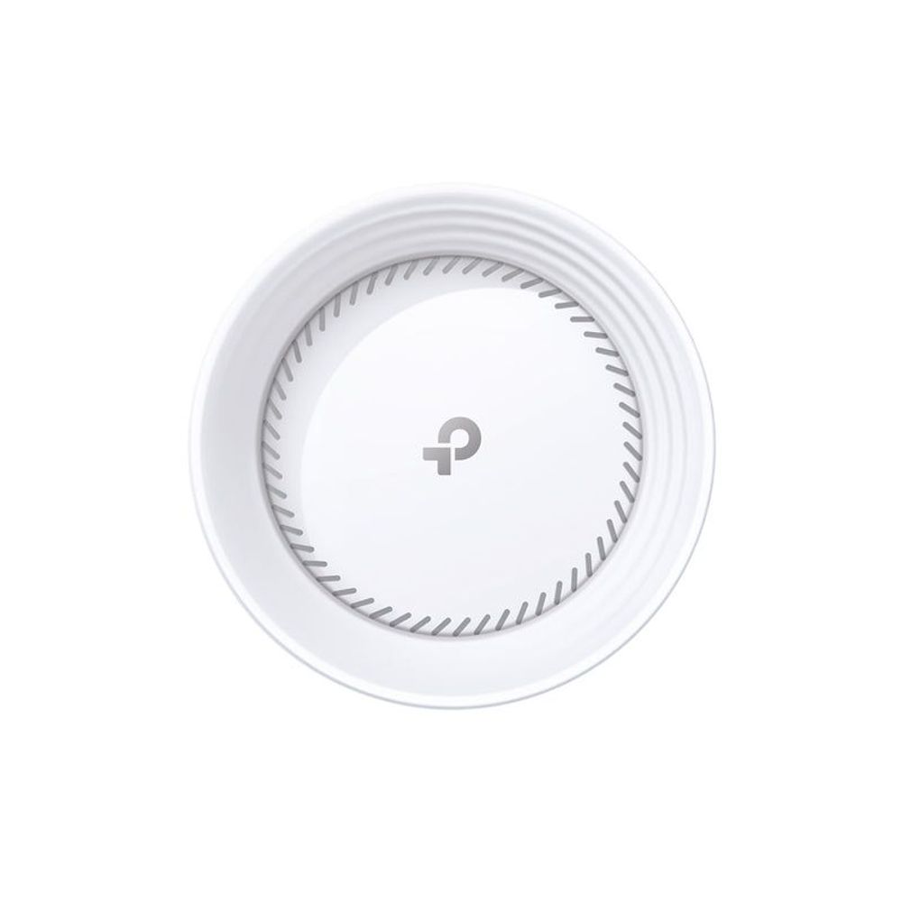 White TP-Link Deco mesh Wi-Fi 7 router pod, top view with circular power indicator