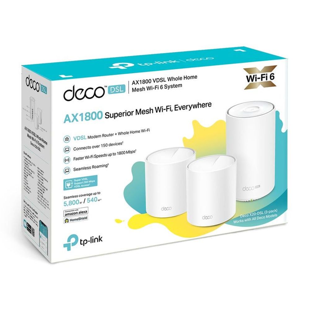 TP-Link Deco X50-DSL 3-pack router box with three white units