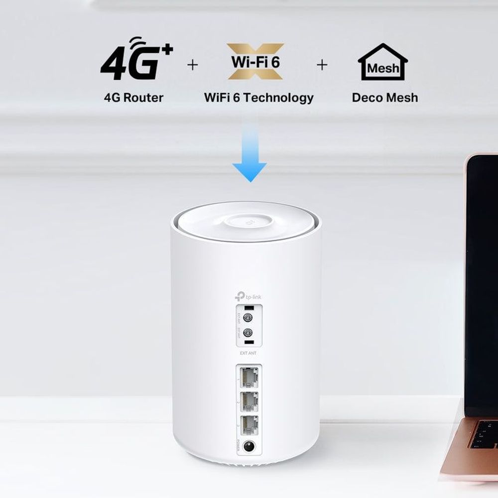 White TP-Link Deco X50 4G+ mesh WiFi 6 gateway with 4G+ WiFi 6 mesh icons