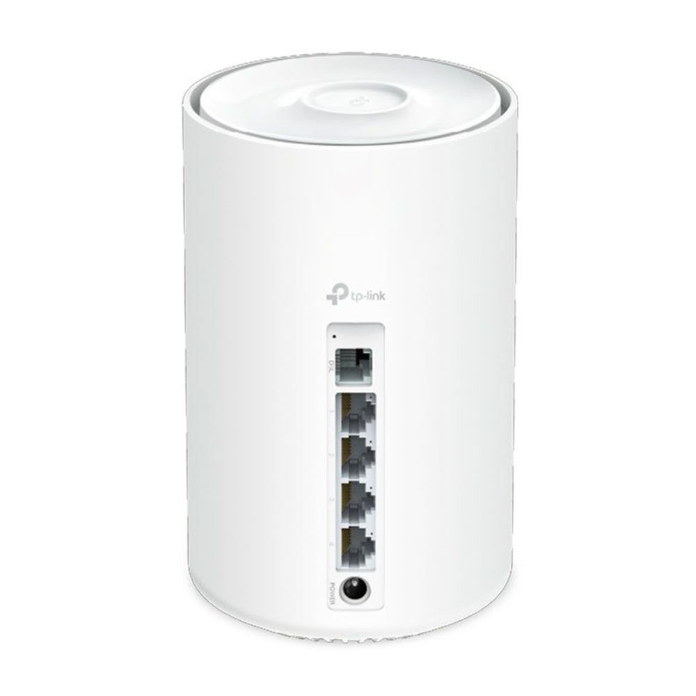 TP-Link Deco mesh WiFi router rear panel with port connectors, white cylinder