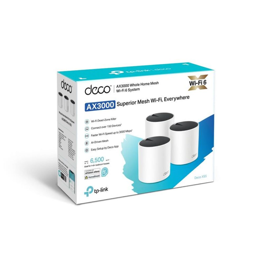 TP-Link Deco X55 3-pack Wi‑Fi 6 mesh system retail box in teal and white