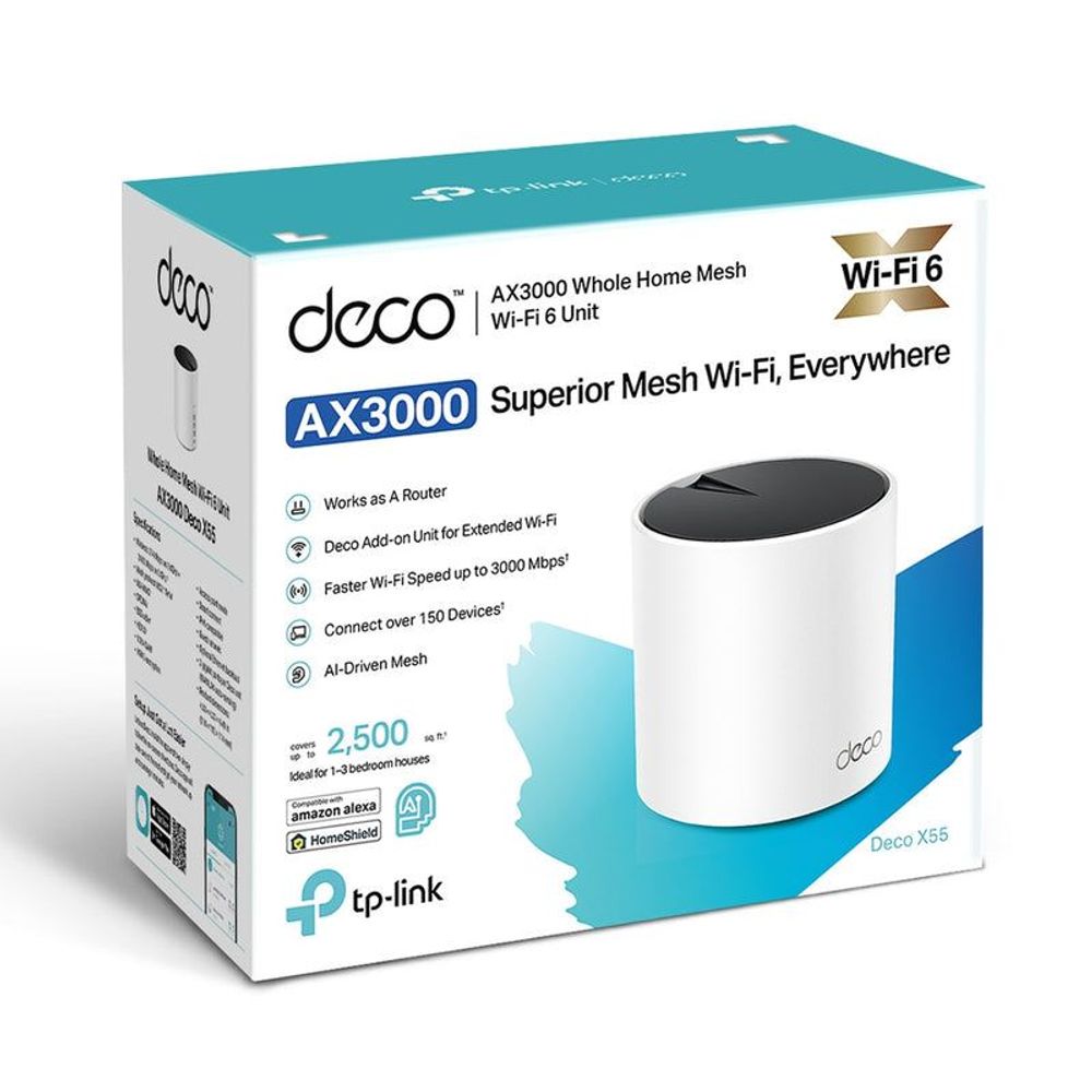 TP-Link Deco X55 AX3000 WiFi 6 mesh router product box with device image