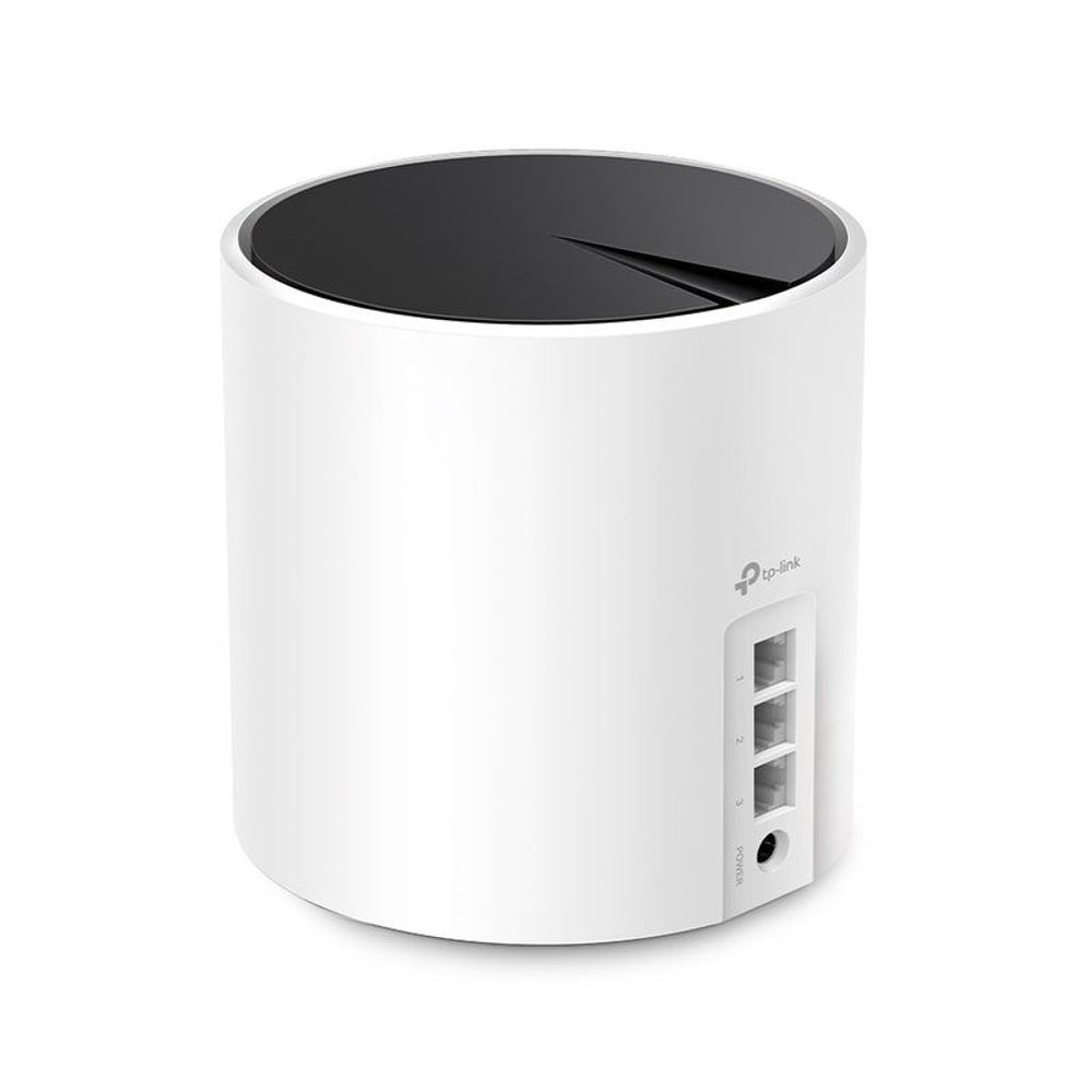 White cylindrical TP-Link Deco mesh router with side ports and black top