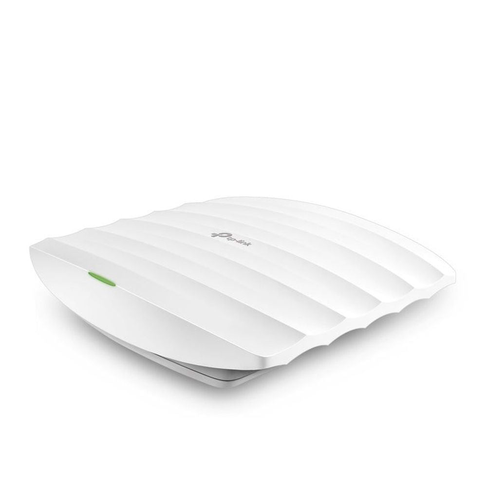 White TP-Link ceiling mount access point, angled view with green status LED