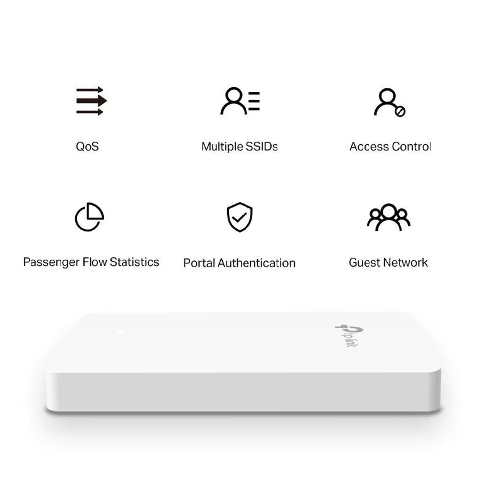 TP-Link AX1800 wall plate WiFi 6 access point with QoS and guest network icons