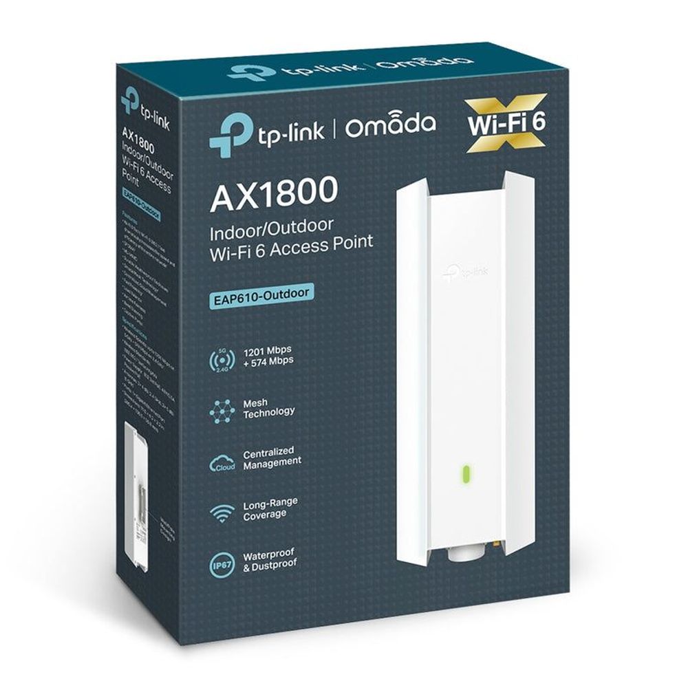 TP-Link Omada AX1800 Wi‑Fi 6 indoor/outdoor access point retail box with device image