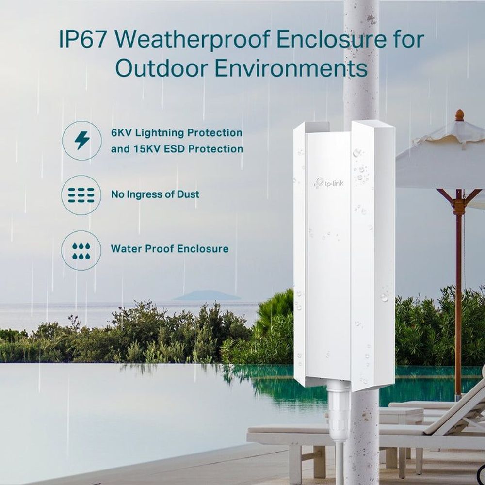 Weatherproof outdoor Wi‑Fi access point on a pole with protection icons