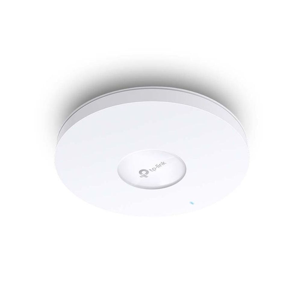 TP-Link Omada ceiling-mount access point, white top panel with tp-link logo and blue LED