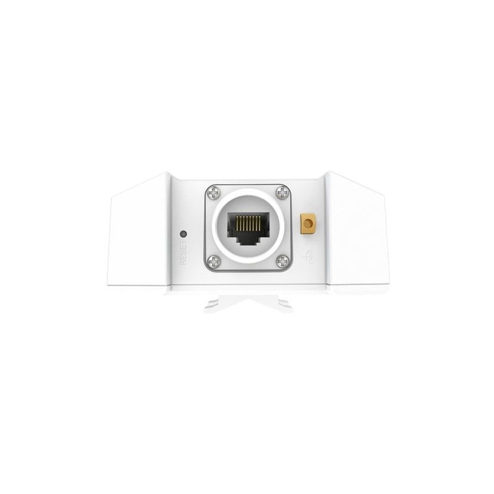 White outdoor Wi‑Fi access point with Ethernet (RJ45) port and reset button