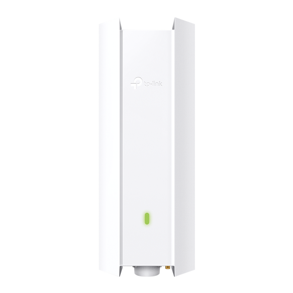 White outdoor Wi‑Fi access point, front view with green status LED