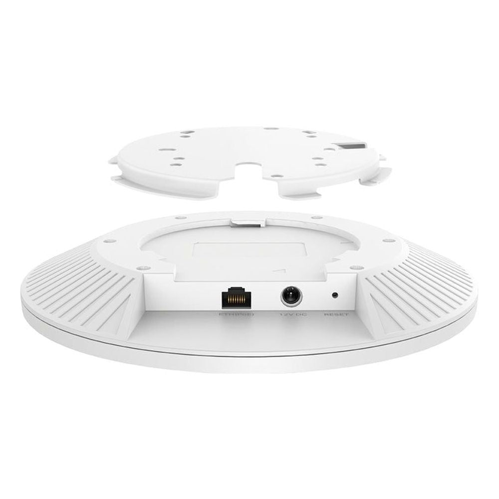 White underside of ceiling-mount Wi-Fi access point with Ethernet and power ports