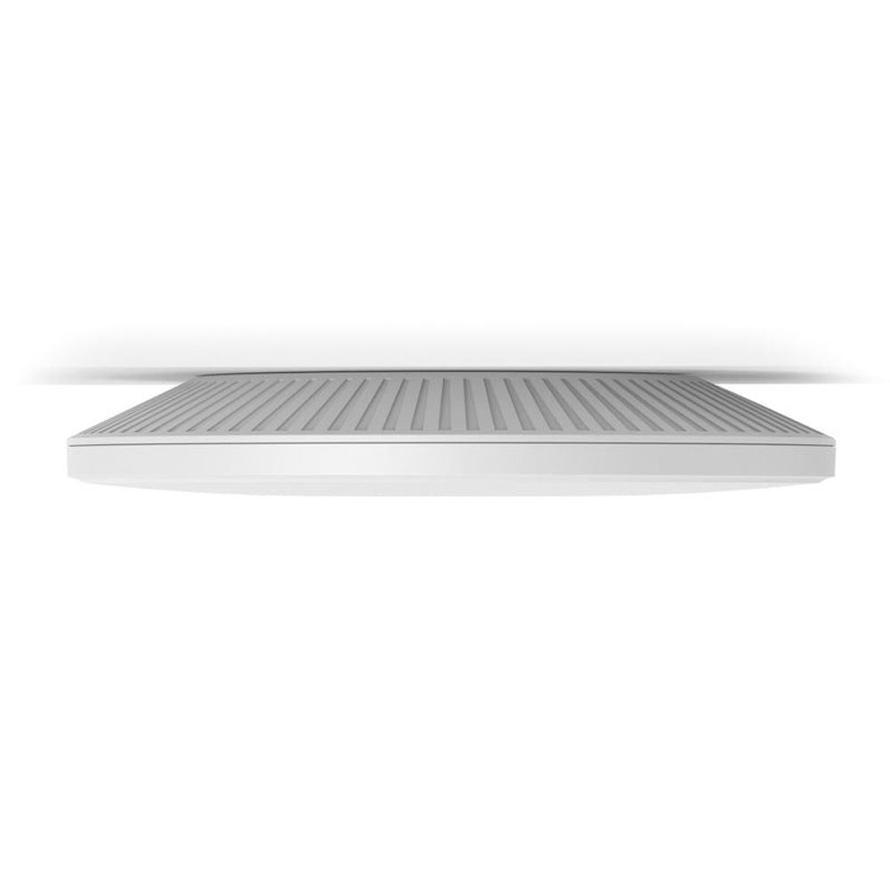 White ceiling-mount Wi-Fi access point front view with ribbed airflow vents