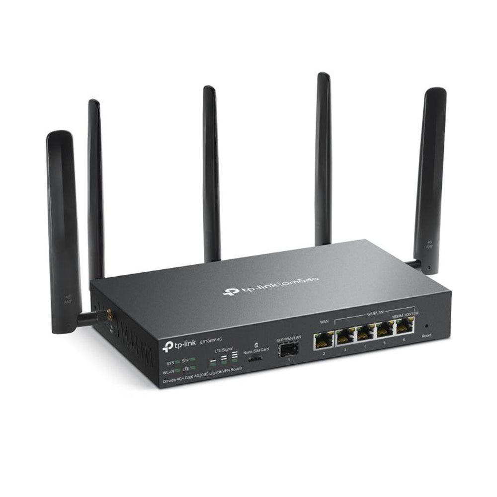 TP-Link Omada 4G AX3000 VPN router angled view, four antennas and Ethernet ports, black