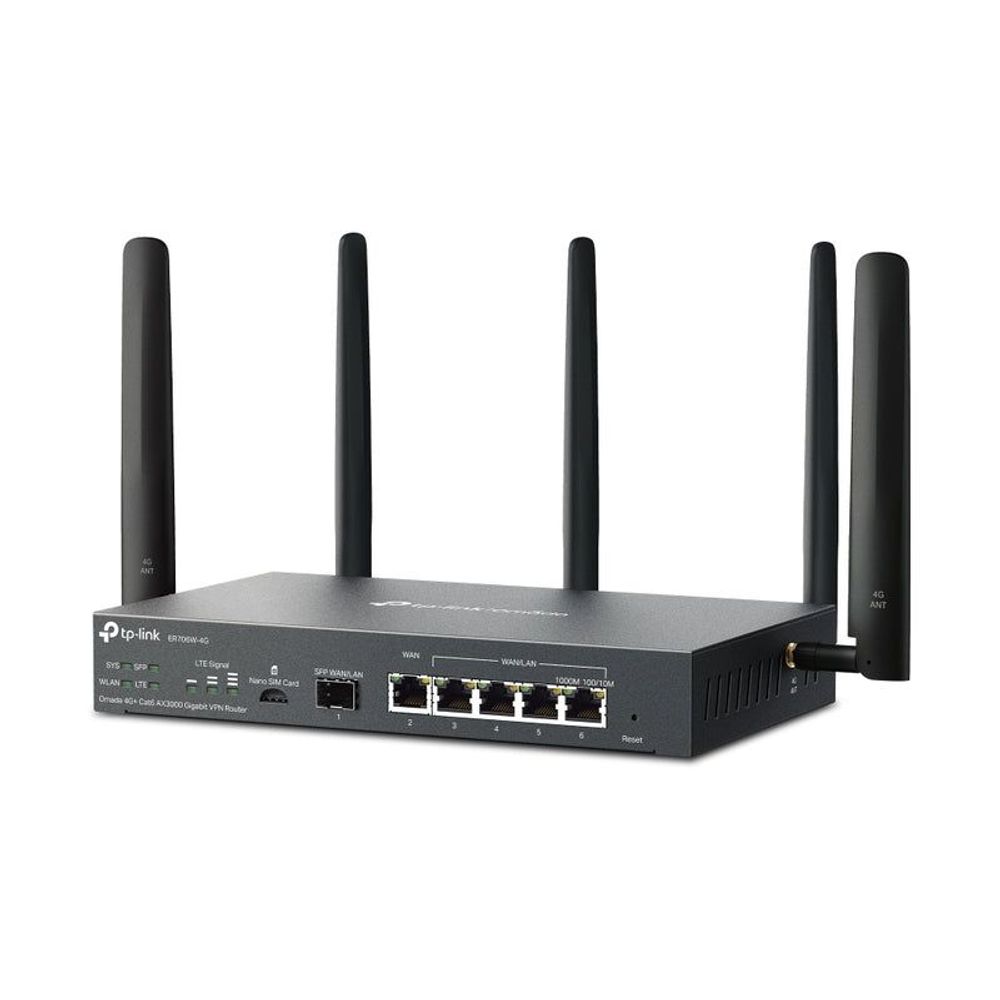 TP-Link Omada router side back view with four antennas and multiple network ports, black