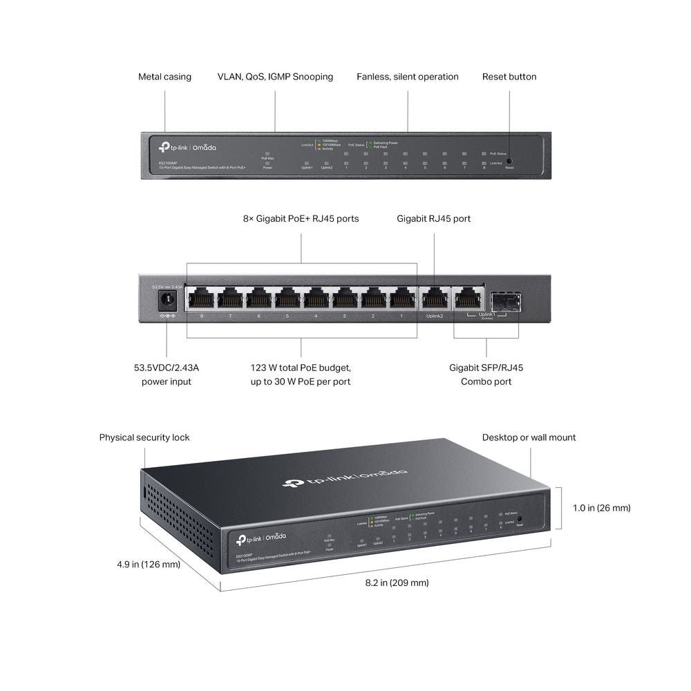 TP-Link ES210GMP, Omada 10-Port Gigabit Easy Managed Switch with 8-Port PoE+
