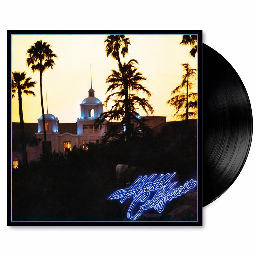 Black vinyl record with sleeve showing palm trees and mission-style building