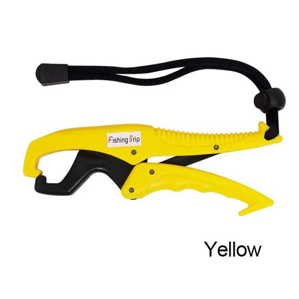 Yellow floating fish gripper with black handle and jaw clamp