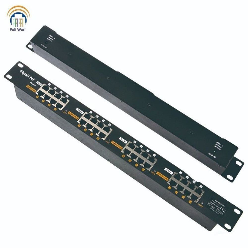 GPOE-16-1U - PoE World 16 Port Gigabit Passive PoE Mode A+B 4 Wire injector