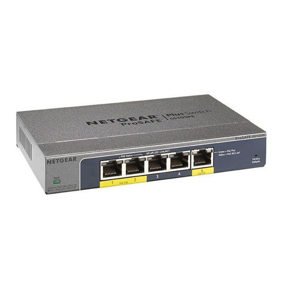 GS105PE-10000S Netgear GS105PE ProSAFE Plus 5-Port Gigabit Switch with 2-Port Poe & 1-Port Poe Passthrough