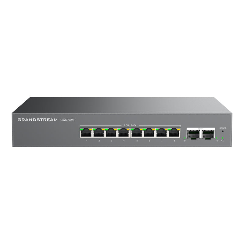 Grandstream GWN7721P Layer 2-Lite Managed Multi-Gig Switch, 8 x 2.5 GigE, 2 x 10G SFP+ (8 x PoE/PoE+)