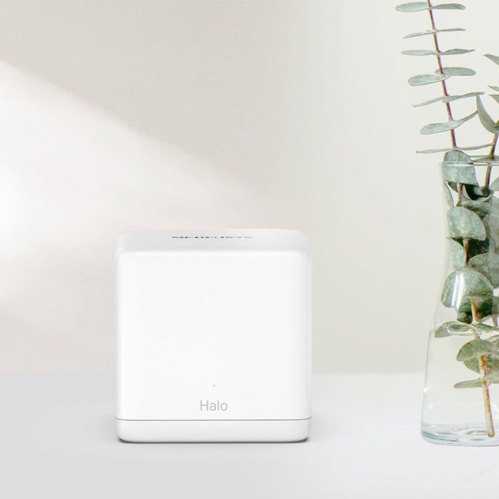 White Halo mesh WiFi router unit with front face and status area