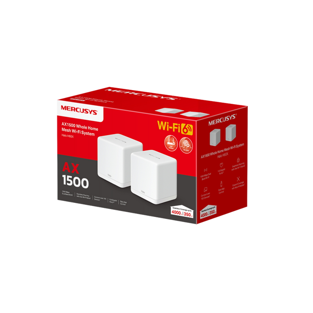 Red retail box for Mercusys Halo AX1500 whole home mesh WiFi 6 system, 2-pack