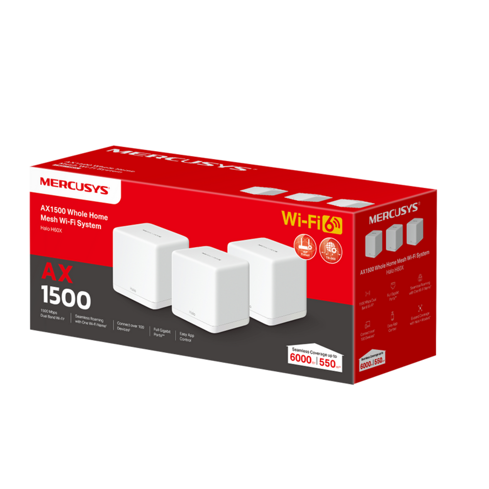 Mercusys Halo H60X AX1500 mesh Wi-Fi 6 system retail box, 3-pack
