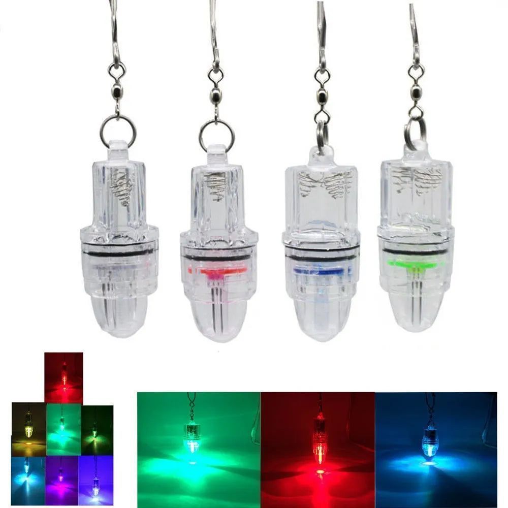 Set of clear hanging underwater fishing lights with red, blue, green internal glow LEDs