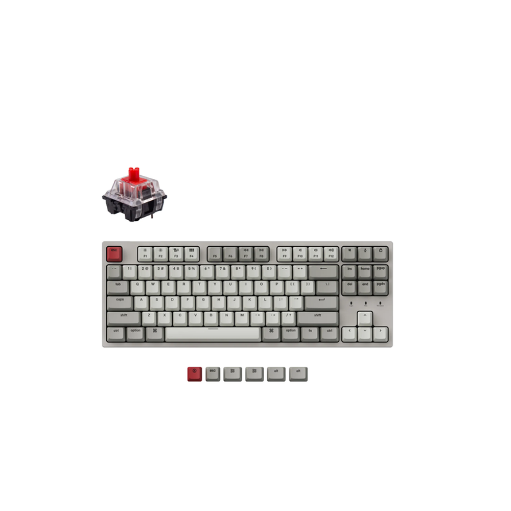 Mechanical keyboard kit with grey keycaps and red switch, key set pieces shown