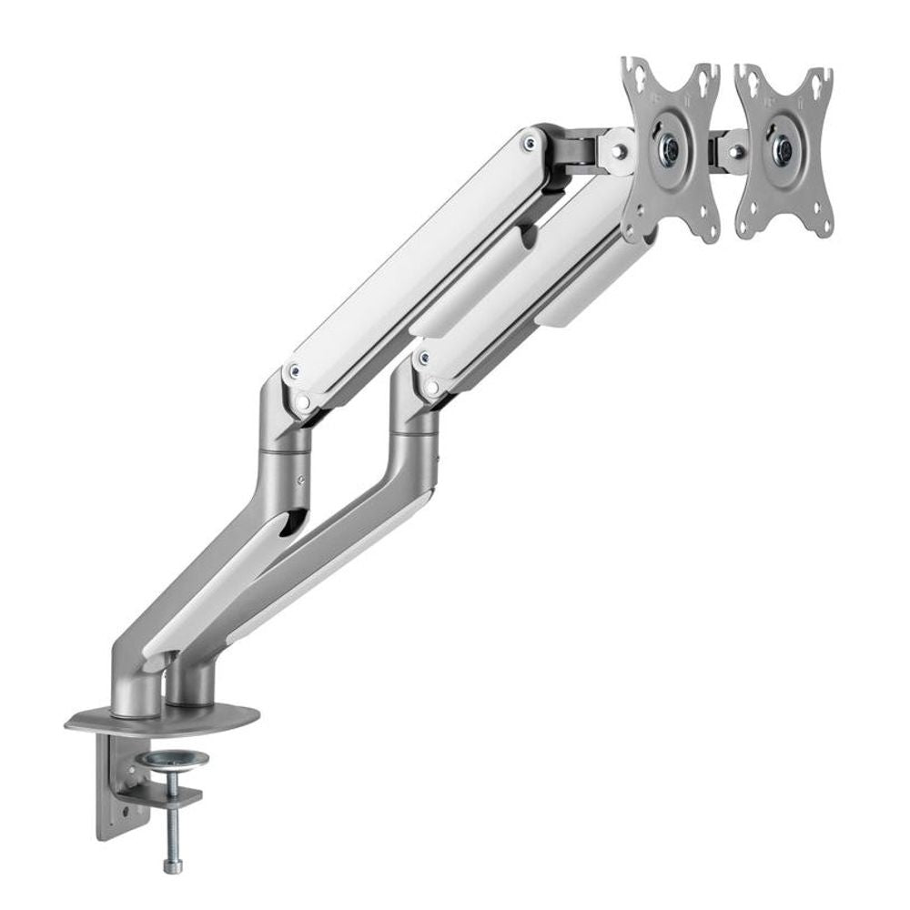 Dual monitor support arm with two VESA back plates, silver metal frame