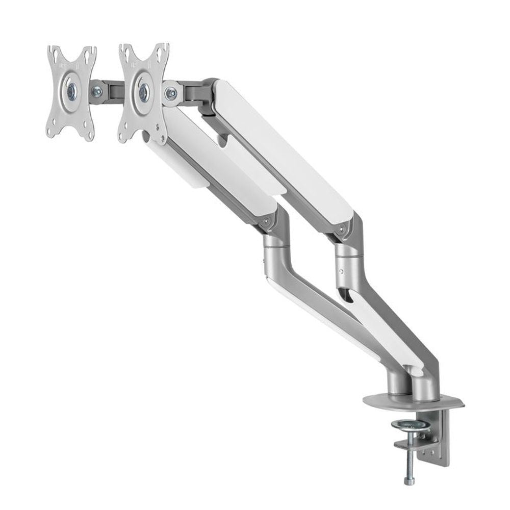 Dual monitor arm with two VESA mounts on adjustable links, silver metal